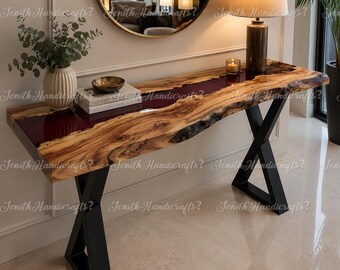 Red Epoxy River Console Table | Live Edge Olive Wood Hallway Table | Modern Rustic Luxury Furniture Handmade Live Edge Console Table