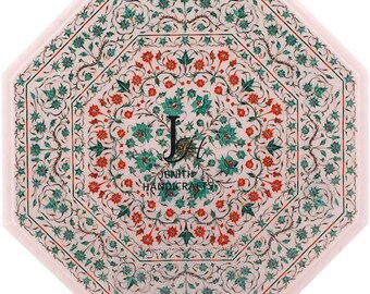Octangle Handmade Marble Inlay Table Top, Luxury  coffee, dinning ,side table top Semi Precious Floral Inlaid in it Lapis lazuri Carnelian