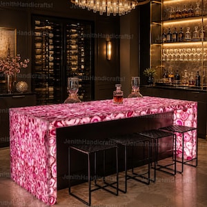 Luxury Pink Agate Bar Counter | Backlit Gemstone Kitchen Island, Waterfall Design