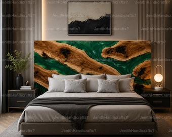 Handmade Burl Wood Epoxy River Headboard, Emerald Green Resin Live Edge Furniture