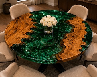 Emerald Green Epoxy River Dining Table Round Live Edge Wood Table, Luxury Resin Dining Table, Handmade Modern Statement Furniture