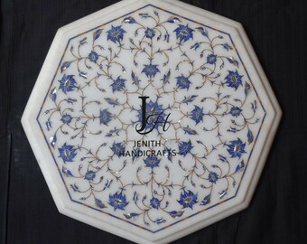 Octengle Marble Inlay TableTop ,coffee,dinning ,side table top Semi  Precious Floral Inlaid in it Lapis lazuli Carnelian ;12",15",18" inches