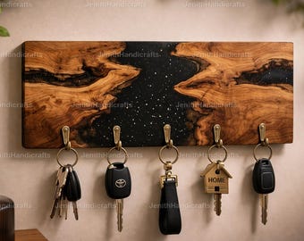 Black Galaxy Resin Key Holder – Live Edge Wood Wall Key Hanger – Modern Epoxy River Entryway Organizer Black Epoxy River Key Holder for Wall