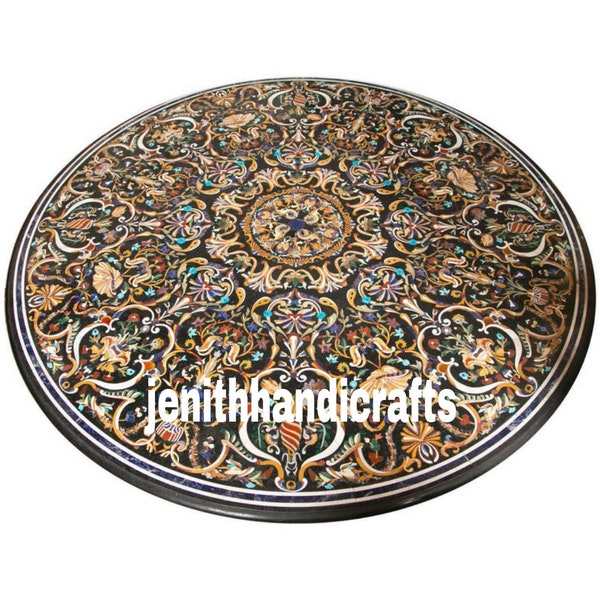 Round  Black Marble Dining, sofa, center, bar Table Top Multi Stone Beautiful Traditional Mosaic Inlay Work Restaurant Décor 24, 36, INCHE