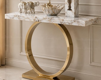 White Marble Console Table: Gold Pedestal Entryway Hallway Furniture