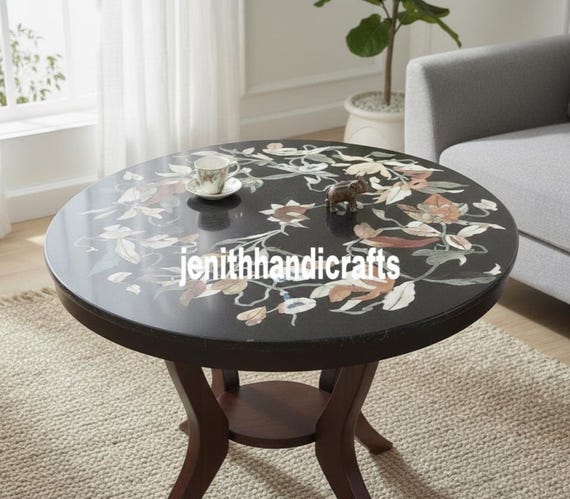 Round  Handmade Marble Inlay Table Top, Luxury coffee, dinning ,side table top Semi Precious Floral Inlaid in it Lapis lazuli Carnelian