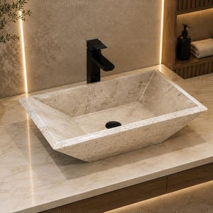 Handmade Travertine Stone Vessel Sink | Modern Rectangle Bathroom Vanity Basin | Natural Marble Wash Basin Luxury Natural Stone Vessel Sink