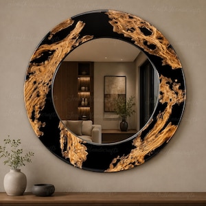 Live Edge Olive Wood Mirror | Black Epoxy Resin, River Pebbles, Round Wall Décor