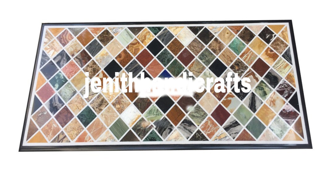 Marble Inlay Rectangular Table Top Handmade Marble Mosaic Dining Table Top, Multi Stone Inlay Work (36
