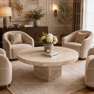 May include: A round, beige travertine coffee table with a thick, cylindrical top and a square pedestal base. The table is positioned in the center of a room, surrounded by four curved, upholstered beige armchairs and a light-colored area rug.