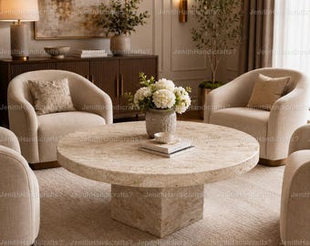 Round Travertine Coffee Table | Luxury Stone Coffee Table | Modern Minimalist Living Room Furniture Natural Travertine Round Coffee Table |