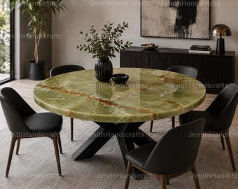 Green Onyx Round Dining Table Luxury Natural Stone Dining Table Modern Dining Room Furniture Handmade Green Natural Onyx Stone Dining Table