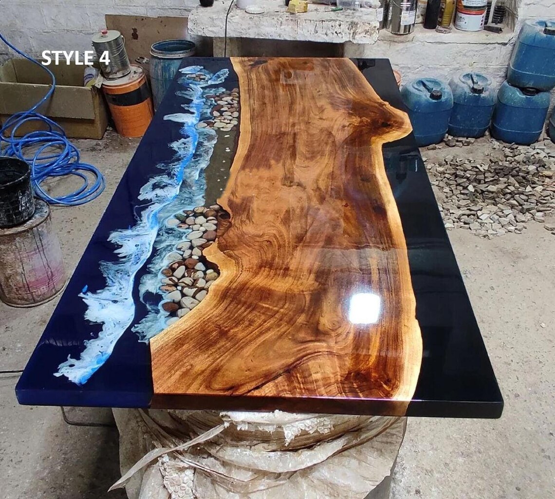Live Edge River Table With Stones and Ocean Wave Resin - Custom Walnut ...