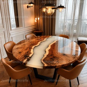 Round Burl Wood & White Epoxy Resin Dining Table | Handmade Luxury River Table | Modern Dining Room Furniture White Epoxy River Dining Table