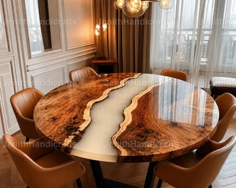 Round Burl Wood & White Epoxy Resin Dining Table | Handmade Luxury River Table | Modern Dining Room Furniture White Epoxy River Dining Table