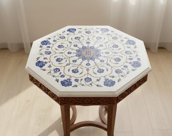 Octengle Marble Inlay TableTop ,coffee,dinning ,side table top Semi  Precious Floral Inlaid in it Lapis lazuli Carnelian ;12",15",18" inches