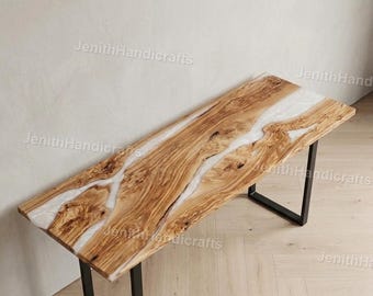 Luxury Olive Wood Epoxy River Console Table – White Resin Live Edge Desk – Handmade Modern Entryway Table – Custom Wood Furniture console
