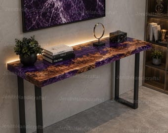 Mesa consola de resina epoxi púrpura con diseño de río / Mesa auxiliar de madera de raíz con borde natural