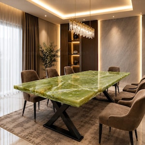 Mesa de comedor rectangular de ónix verde hecha a mano, muebles de lujo en piedra natural.