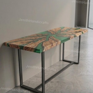 Live Edge Olive Wood Green Epoxy River Console Table | Handmade Resin Desk | Modern Entryway Table | Slim Hallway Furniture | Custom Wood