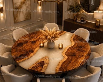Round Burl Wood & White Epoxy Resin Dining Table | Handmade Luxury River Table | Modern Dining Room Furniture White Epoxy River Dining Table