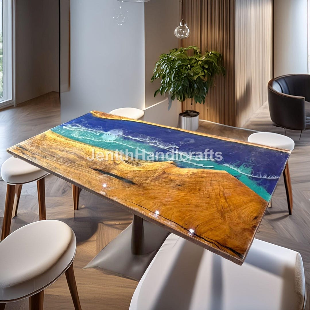 Ocean Resin River Dining Table Handmade Live Edge Wood & Blue Epoxy ...