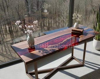 Red Epoxy River Console Table | Live Edge Walnut Wood Furniture