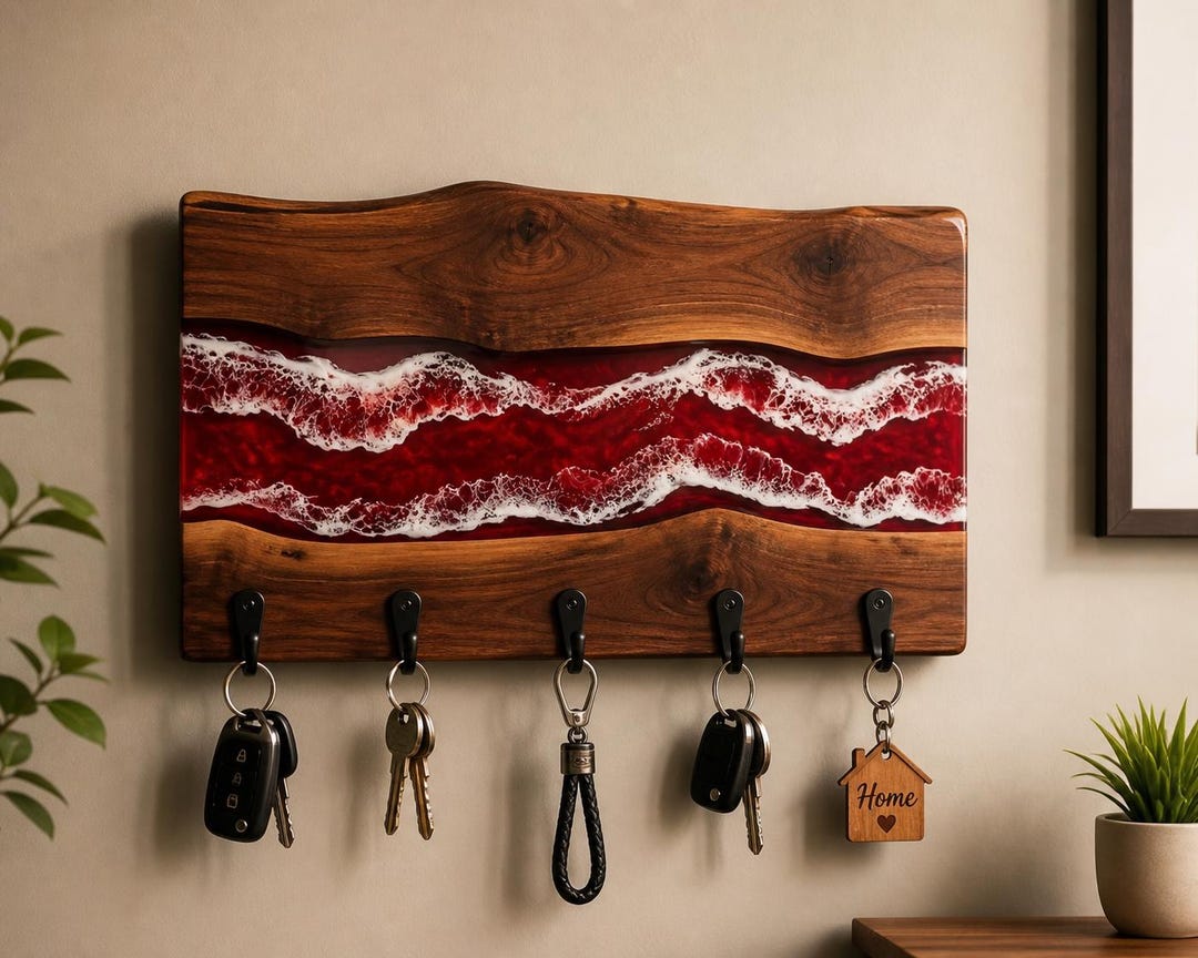 Handmade Purple Resin River Key Holder With Shelf | Live Edge Wood Wall ...