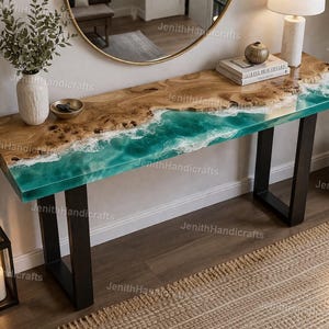 Turquoise Epoxy River Console Table – Live Edge Wood Ocean Table –Coastal Entryway Furniture – Handmade Resin Slab Table Resin Console Table