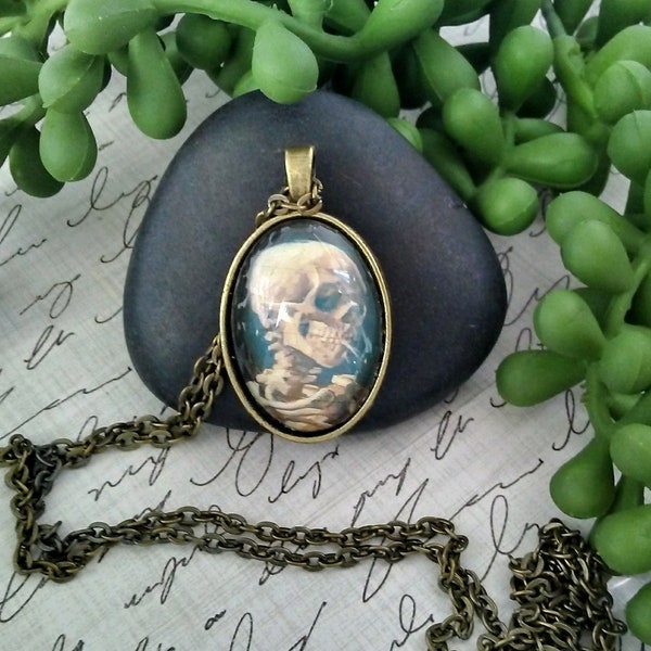 Van Gogh Smoking Skeleton Necklace, Miniature Art, Wearable Art, Antique Bronze, Glass Cabochon, Unique Gift,