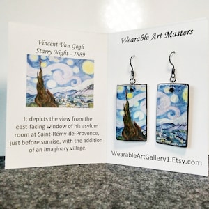 Wearable Art,  DOUBLE-SIDED, Starry Night by Vincent Van Gogh, Dangle Earrings, Lightweight Earrings, Unique Gift
