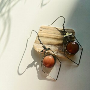 Pentagon shaped pink coral dangle earrings