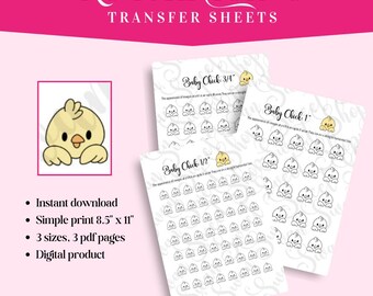 May include: Three printable PDF pages of baby chick images in three sizes: 3/4 inch, 1/2 inch, and 1 inch. The images are black and white outlines with a yellow fill for the chick's body. The text "Baby Chick" is included on each page.