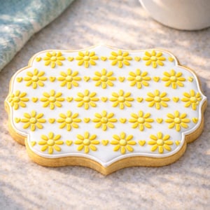 Könnte beinhalten: Ein dekorierter Keks mit weißer Basis, verziert mit gelben Gänseblümchen und kleinen Herzformen. Der Keks hat einen gewellten Rand und eine goldbraune Farbe.