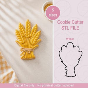 Könnte beinhalten: Ein gelber Keks in Form einer Weizenähre mit Glasurdetails und einer Schleife. Das Bild enthält den Text 5 sizes, Cookie Cutter STL FILE, Wheat und Digital file only - No physical cutter included. Das Design zeigt eine Weizengarbe.