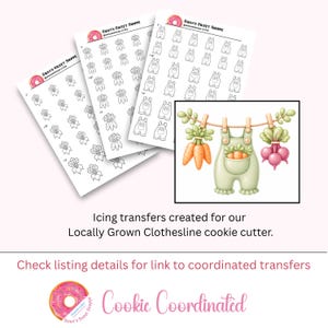 May include: Sheets of icing transfers with various designs, including ribbons and bunnies, alongside a watercolor illustration of a clothesline with carrots, overalls, and beets. Text reads "Icing transfers created for our Locally Grown Clothesline cookie cutter."
