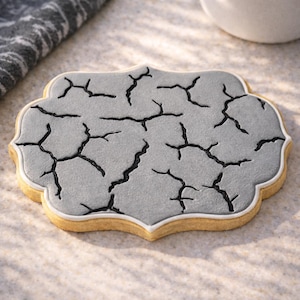 May include: A decorated sugar cookie with a gray surface and black crack design. The cookie has a white border and a light brown edge. The cookie is in a decorative shape.
