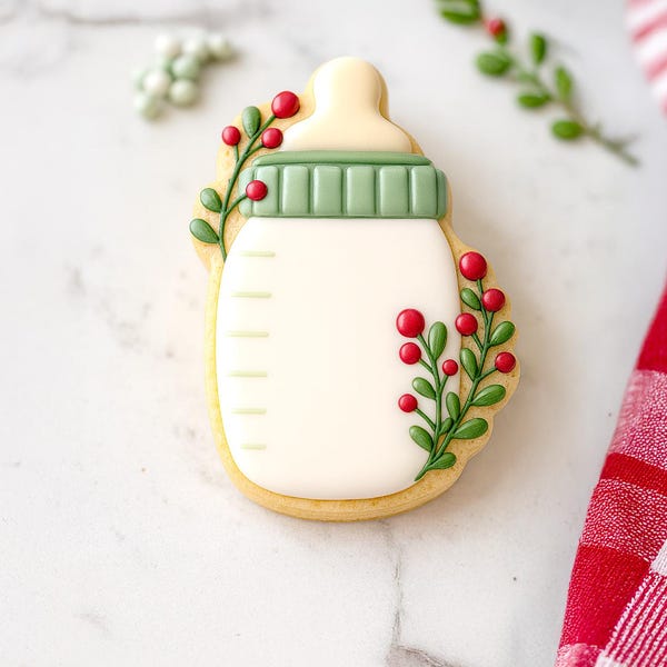 Baby bottle cookie cutter with sage cap and cranberry botanical accents
