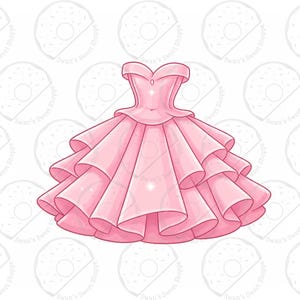 May include: A pink, off-the-shoulder dress with a sweetheart neckline and layered, ruffled skirt. The dress is a light pink color and has a fitted bodice. The skirt has multiple layers of ruffles, creating a full, flowing look. The dress is a cartoon illustration.