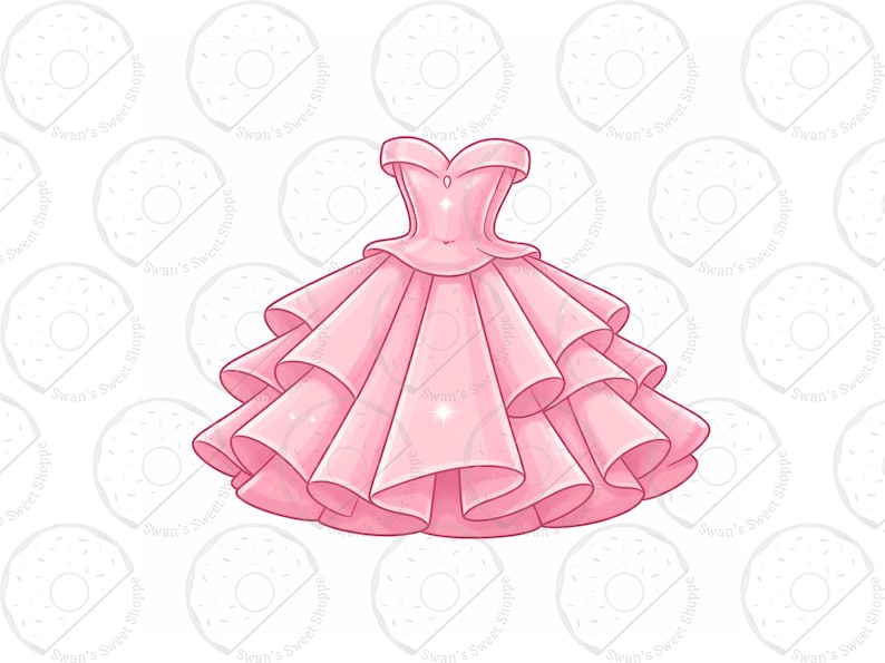 May include: A pink, off-the-shoulder dress with a sweetheart neckline and layered, ruffled skirt. The dress is a light pink color and has a fitted bodice. The skirt has multiple layers of ruffles, creating a full, flowing look. The dress is a cartoon illustration.