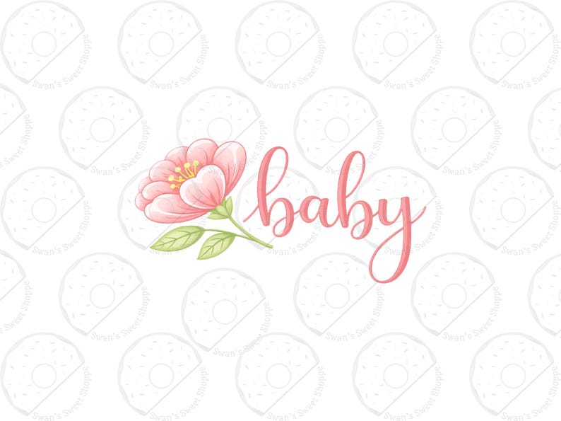 Puede incluir: Un dise&ntilde;o floral rosa con la palabra "baby" en escritura cursiva. La flor tiene p&eacute;talos rosas, estambres amarillos y hojas verdes. El fondo es blanco con un patr&oacute;n de rosquillas.
