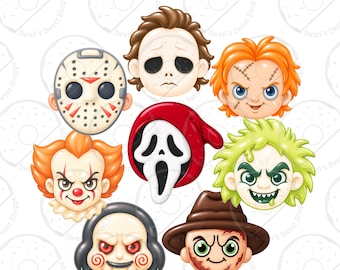 May include: A set of 8 Fright Night Villains character illustrations featuring stylised heads of iconic horror figures including a hockey mask, a red hooded ghost, a clown, and a green-haired creature, all arranged on a white background.