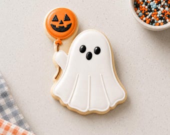 Ghost with Pumpkin Balloon Cookie Cutter & Optional Stencil | Spooky Halloween Cookie Decorating