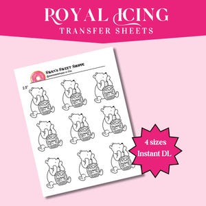 May include: Sheet of royal icing transfer sheets featuring a cartoon bear with a honey pot. The sheet includes the text "HUNNY" on the honey pot. The text "Swan's Sweet Shoppe" and "4 sizes Instant DL" are also visible.