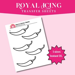 May include: White transfer sheets with black chili pepper outlines. The text "ROYAL ICING TRANSFER SHEETS" is at the top. The text "5 sizes Instant DL" is on a pink starburst. The text "Swan's Sweet Shoppe" is at the top left.
