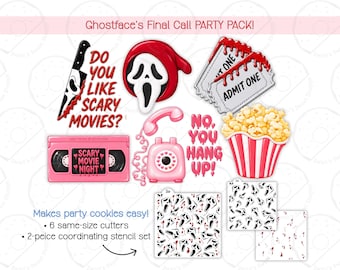 May include: A party pack featuring six cookie cutters and a two-piece stencil set with horror-themed graphics. Illustrations include a bloody knife, a ghost mask, two admit one tickets, a pink telephone, a pink VHS tape, and popcorn.