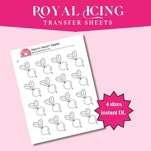 May include: A sheet of white transfer sheets for royal icing with a pattern of radish illustrations. The text "ROYAL ICING TRANSFER SHEETS" is at the top. The text "4 sizes Instant DL" is on a pink starburst.