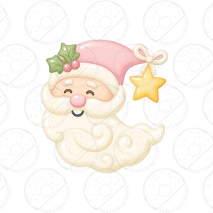 May include: A cartoon illustration of Santa Claus with a pink hat and a long white beard. The Santa figure has a smiling face, a pink nose, and a yellow star hanging from his hat. Holly leaves and berries are on the hat. The design is whimsical and festive.