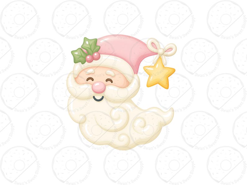 May include: A cartoon illustration of Santa Claus with a pink hat and a long white beard. The Santa figure has a smiling face, a pink nose, and a yellow star hanging from his hat. Holly leaves and berries are on the hat. The design is whimsical and festive.