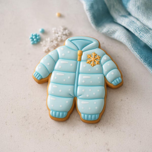 Winter baby snowsuit cookie cutter with icy blue puffer detail and snowflake accent.